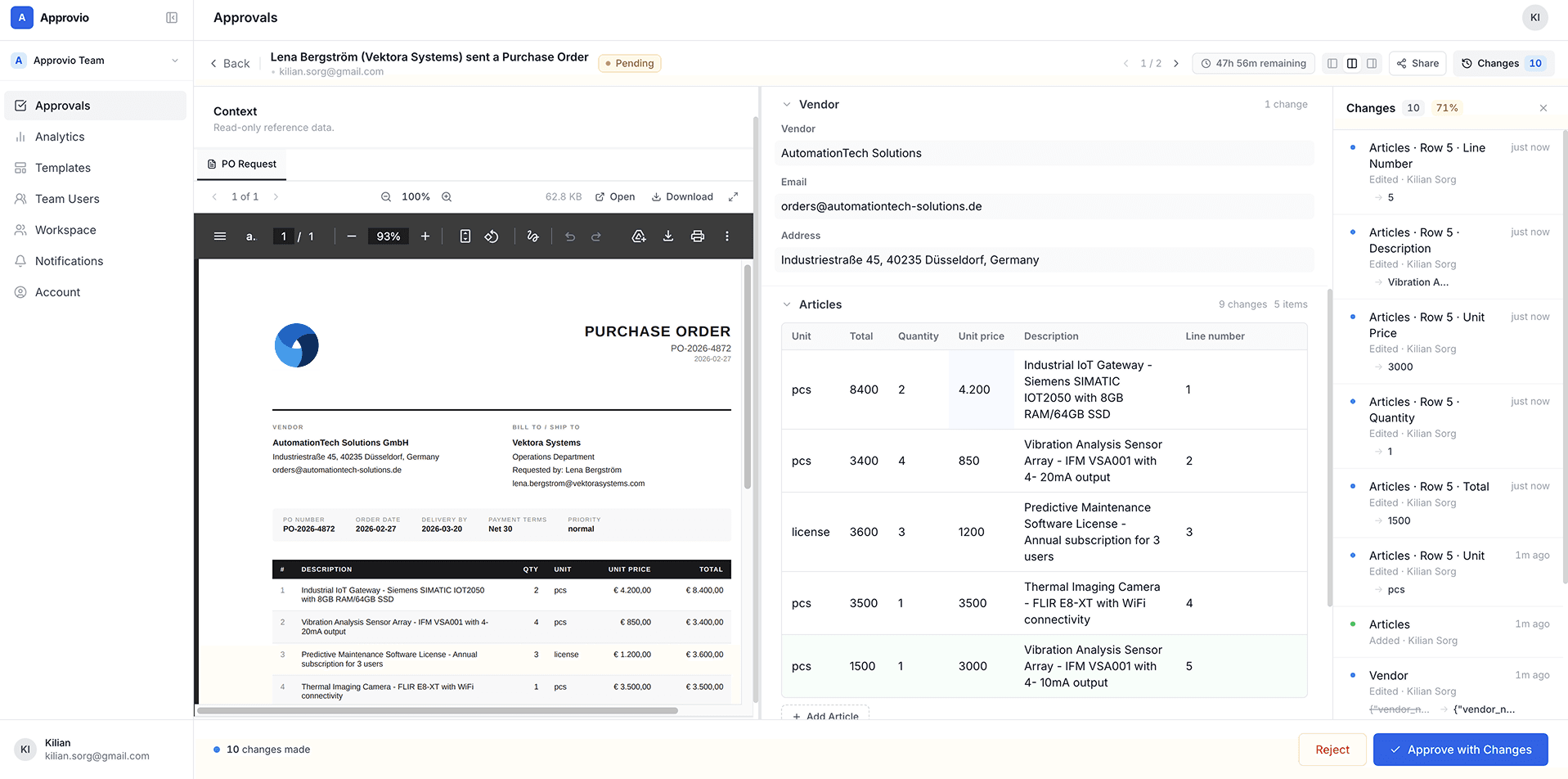 Approvio review interface showing a purchase order with AI-extracted fields and approval controls